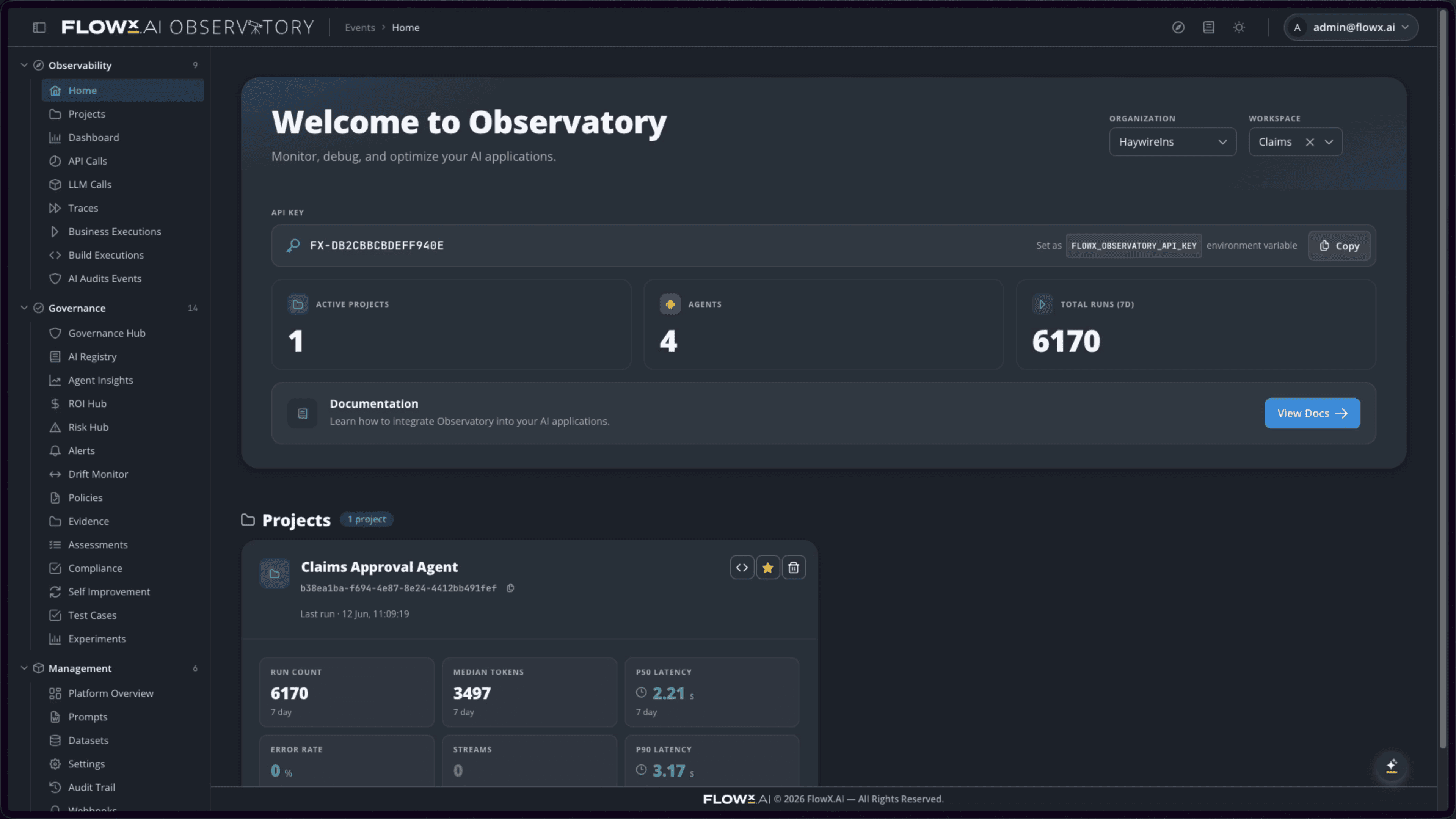 FlowX.AI Observatory — the Governance Hub dashboard showing observability, governance, and evidence capture
