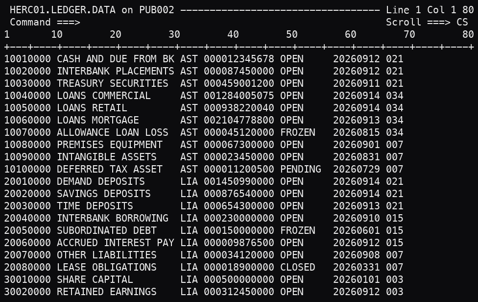A browse panel showing fixed-column general ledger records, white text on black.